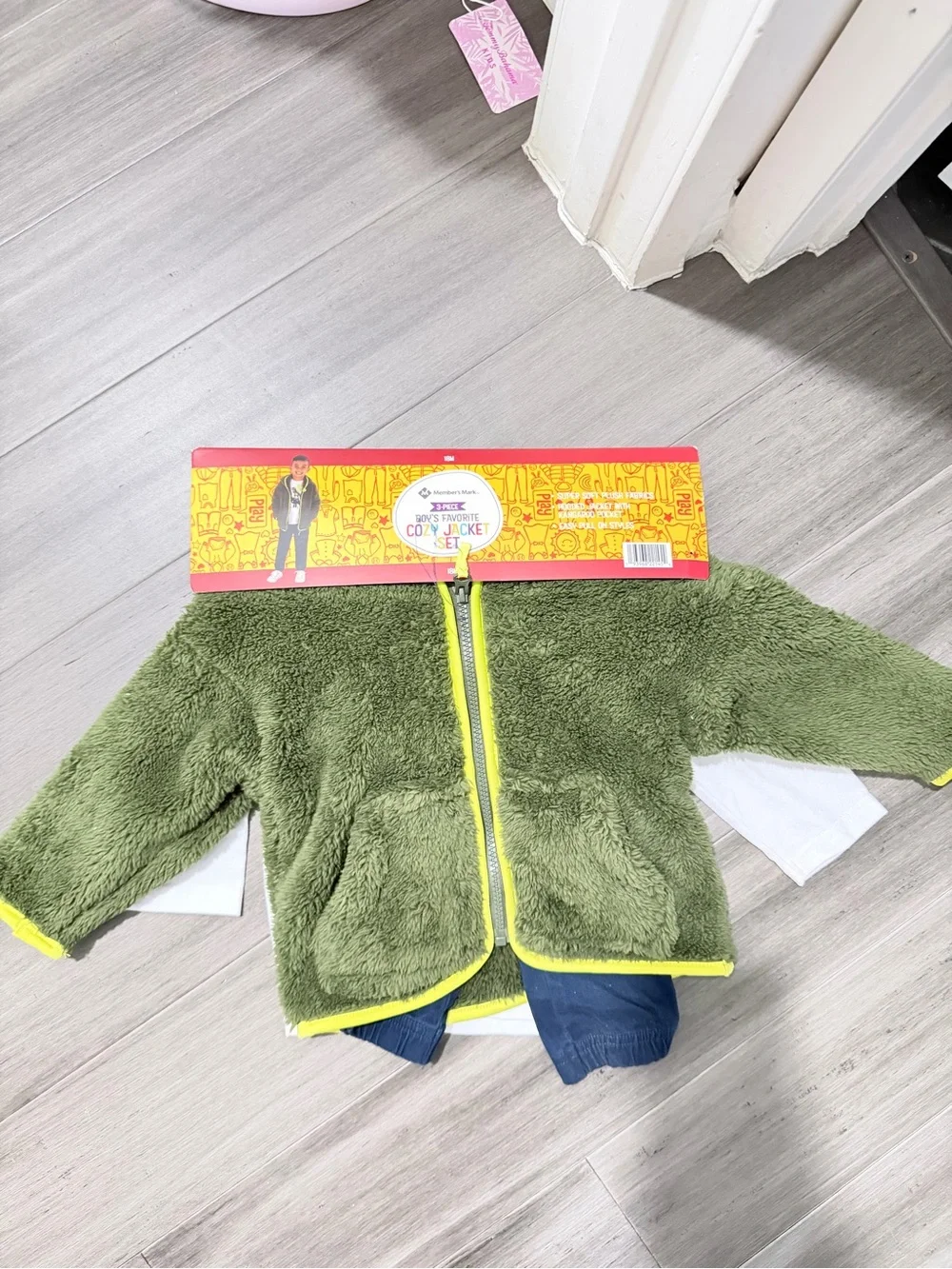 Kids Olive Green Fuzzy Puffer Jacket with Navy Pants and White Shirt Set